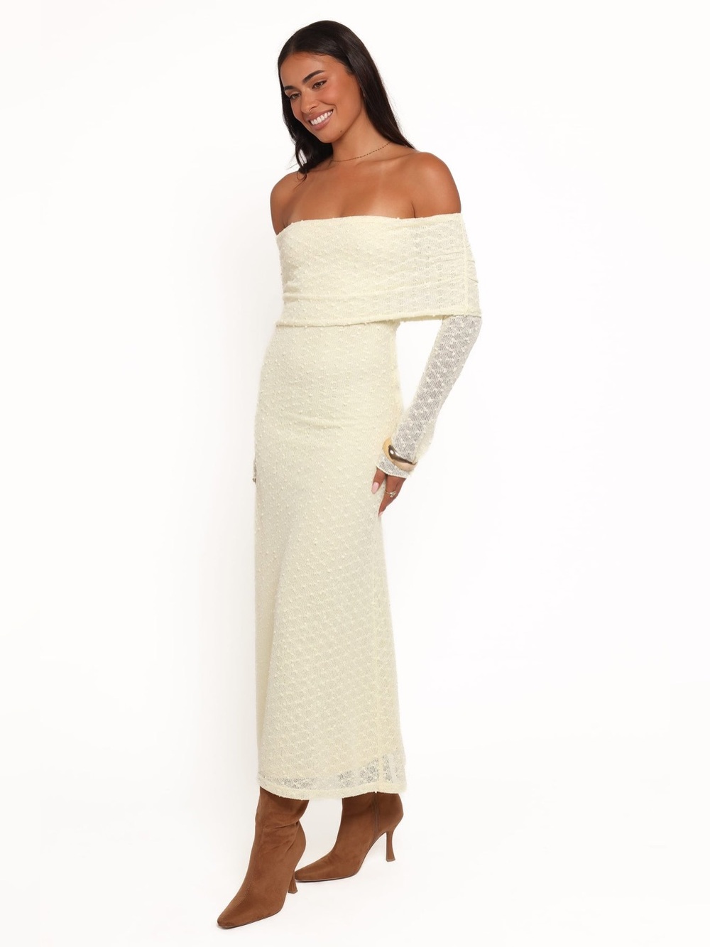 Petal + Pup Yellow Off Shoulder Lace Long Sleeve Midi Bodycon Dress Size S